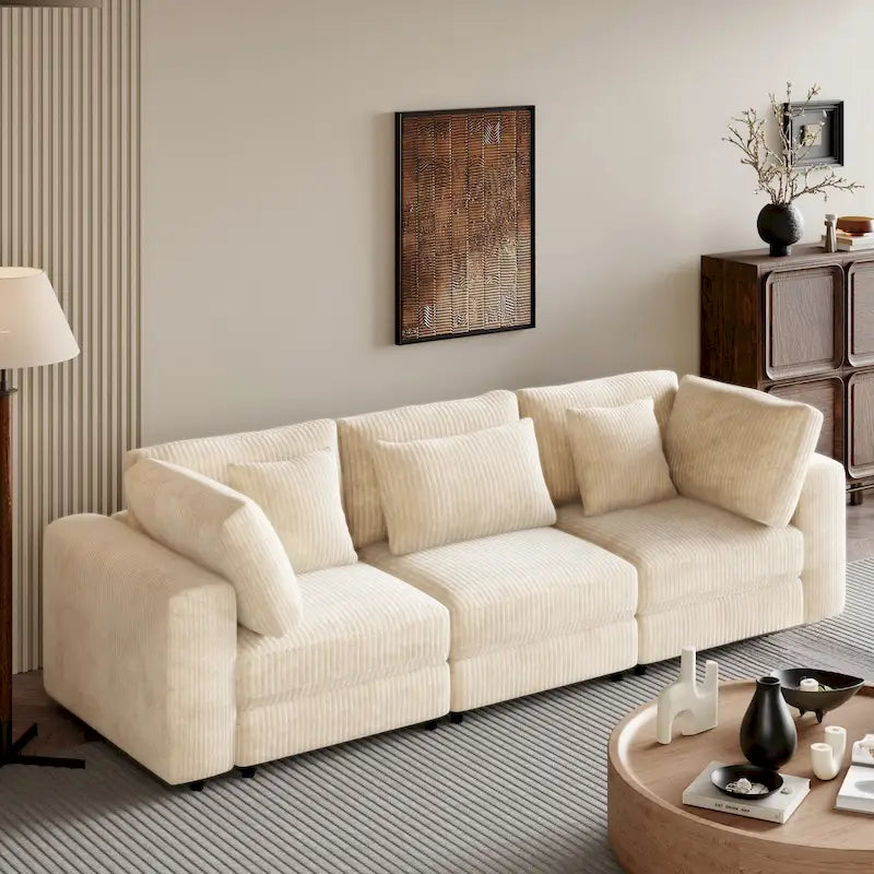 Elegant Corduroy 3 Seater Sofa with 5 Pillows
