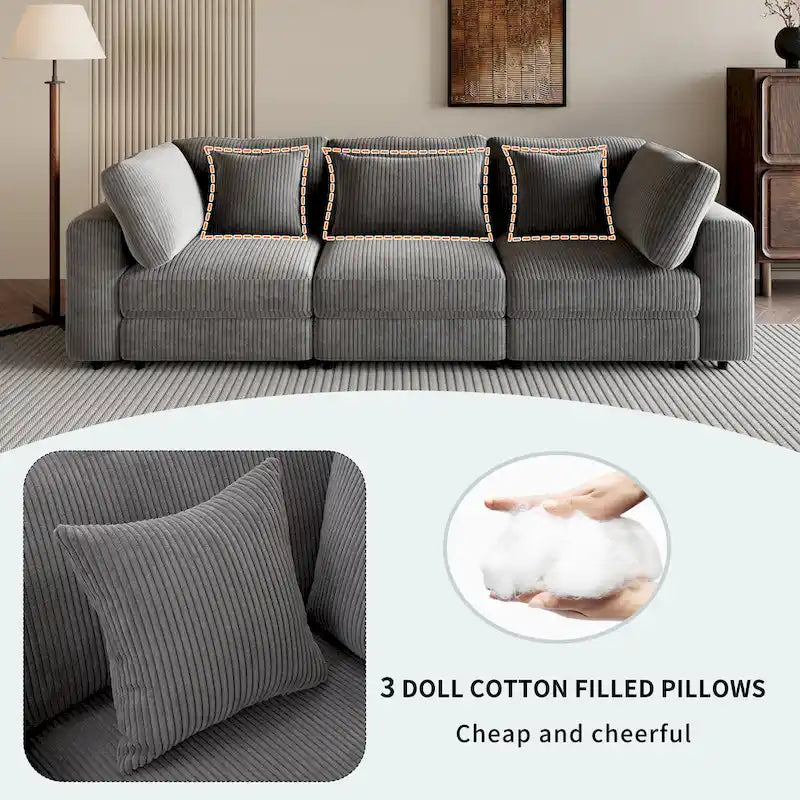 Elegant Corduroy 3 Seater Sofa with 5 Pillows