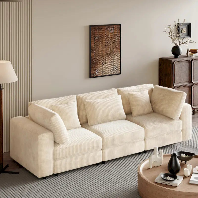 Elegant Corduroy 3 Seater Sofa with 5 Pillows