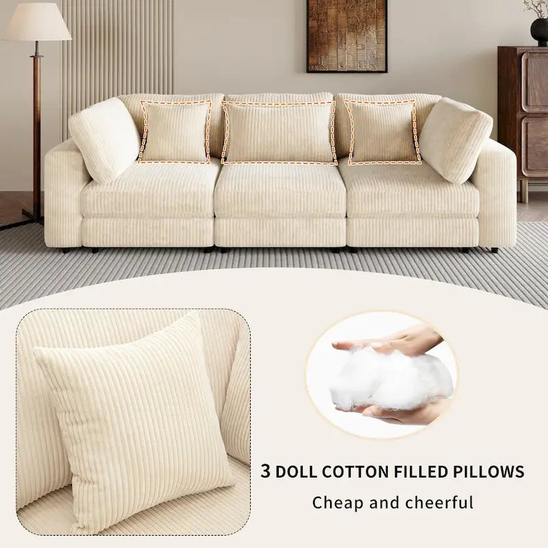 Elegant Corduroy 3 Seater Sofa with 5 Pillows
