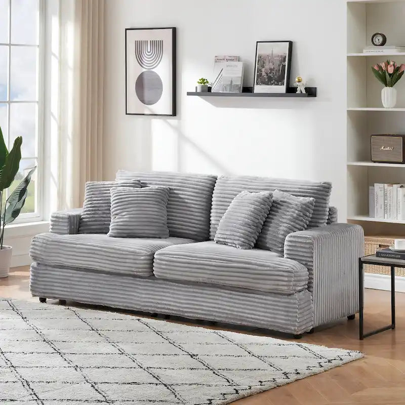 79.3 Corduroy 3-seater Sofa with Toss Pillows and Spring Cushion