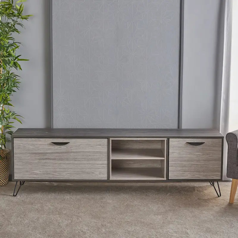 Grey 71.1 TV Stand with Fold-Out Cabinet, Regular Cabinet, and 2 Shelves for TVs Up to 79