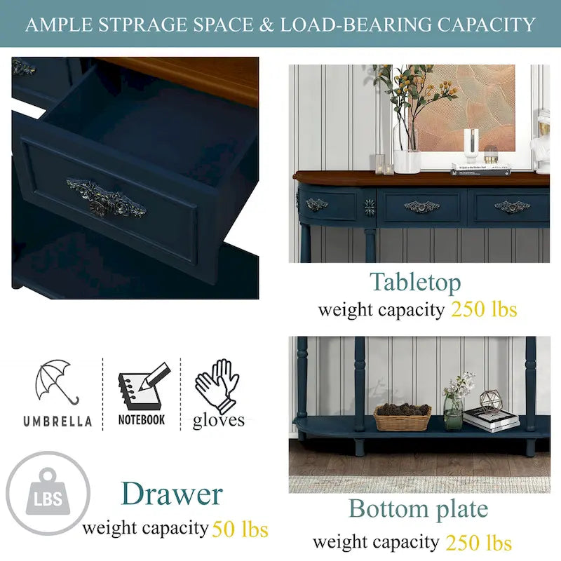 52 inch Circular Half Moon Sofa Table with Open Shelf and 2 Drawers