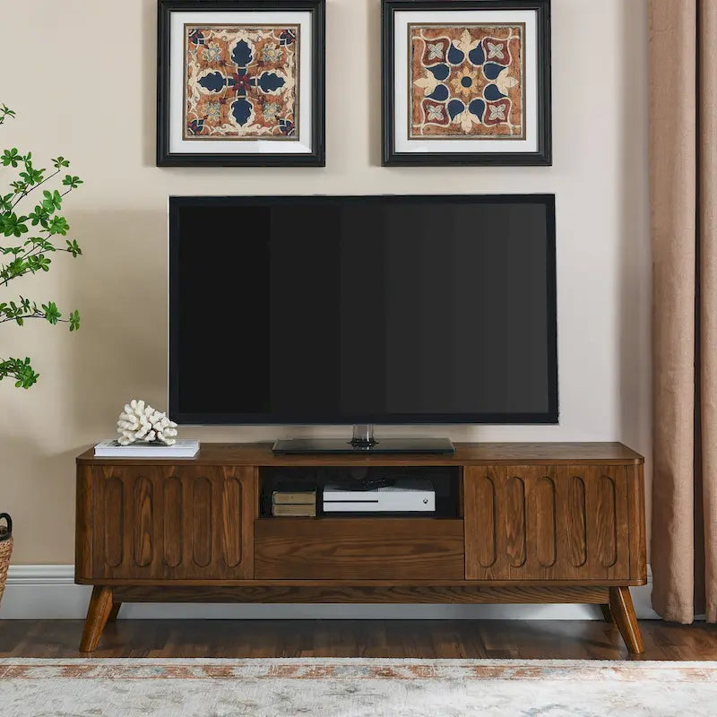 Fluted TV Stand for 65 inch TV,Entertainment Center with Storage,Wood Media Console, Accent Table,2 Door,1 Drawer,Wood Leg