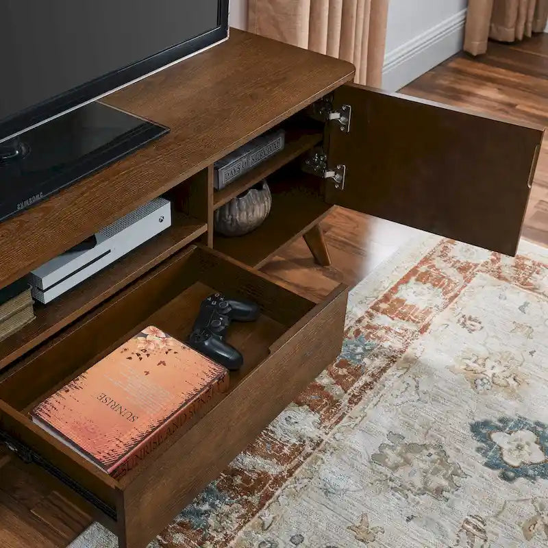 Fluted TV Stand for 65 inch TV,Entertainment Center with Storage,Wood Media Console, Accent Table,2 Door,1 Drawer,Wood Leg