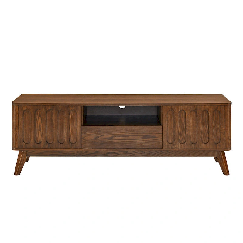 Fluted TV Stand for 65 inch TV,Entertainment Center with Storage,Wood Media Console, Accent Table,2 Door,1 Drawer,Wood Leg