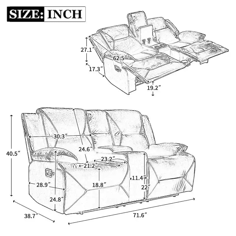 2 Seater Home Theater Recliner Manual Recliner Chair with a LED Light Strip Two Cup Holders and a Storage Box