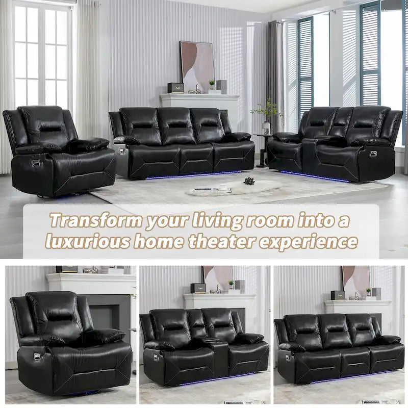 2 Seater Home Theater Recliner Manual Recliner Chair with a LED Light Strip Two Cup Holders and a Storage Box