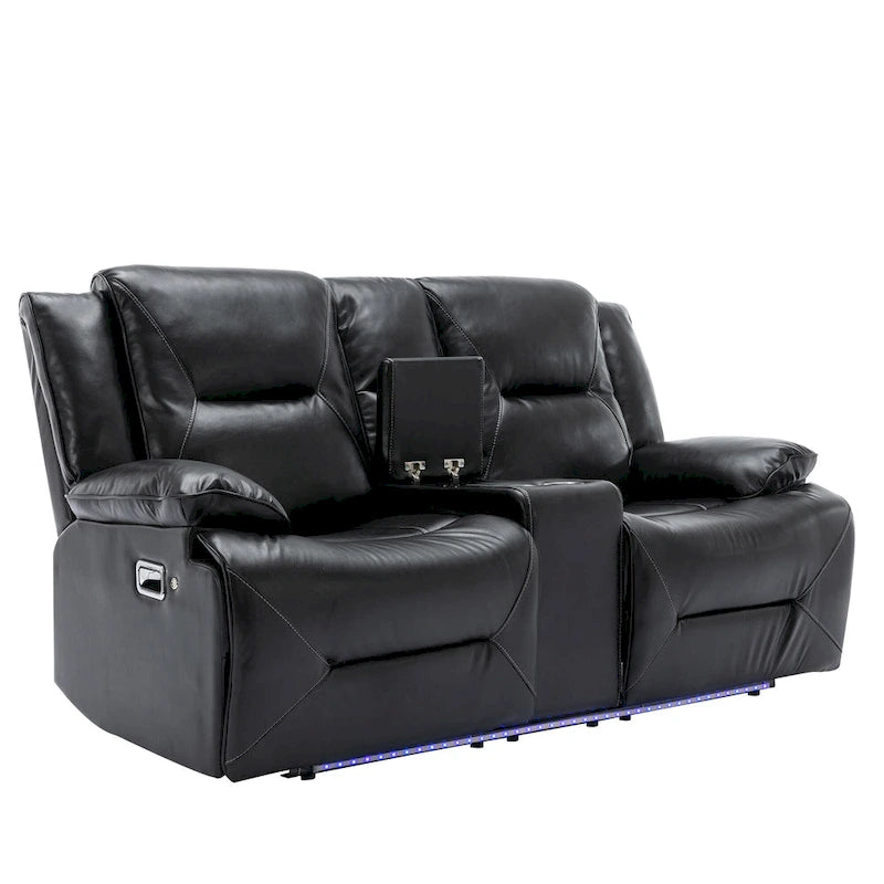 2 Seater Home Theater Recliner Manual Recliner Chair with a LED Light Strip Two Cup Holders and a Storage Box