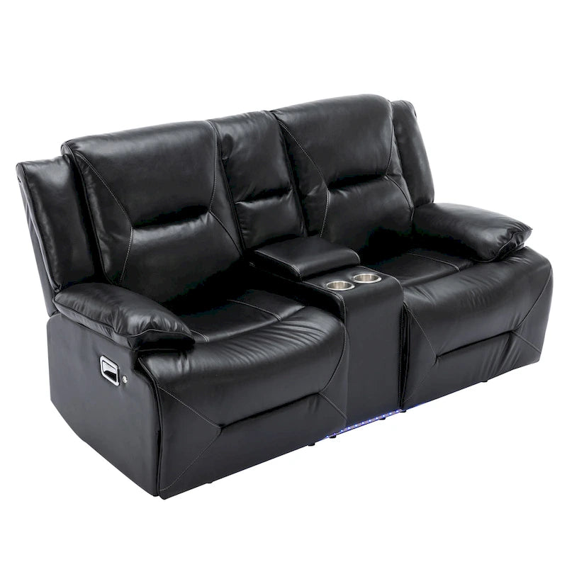 2 Seater Home Theater Recliner Manual Recliner Chair with a LED Light Strip Two Cup Holders and a Storage Box