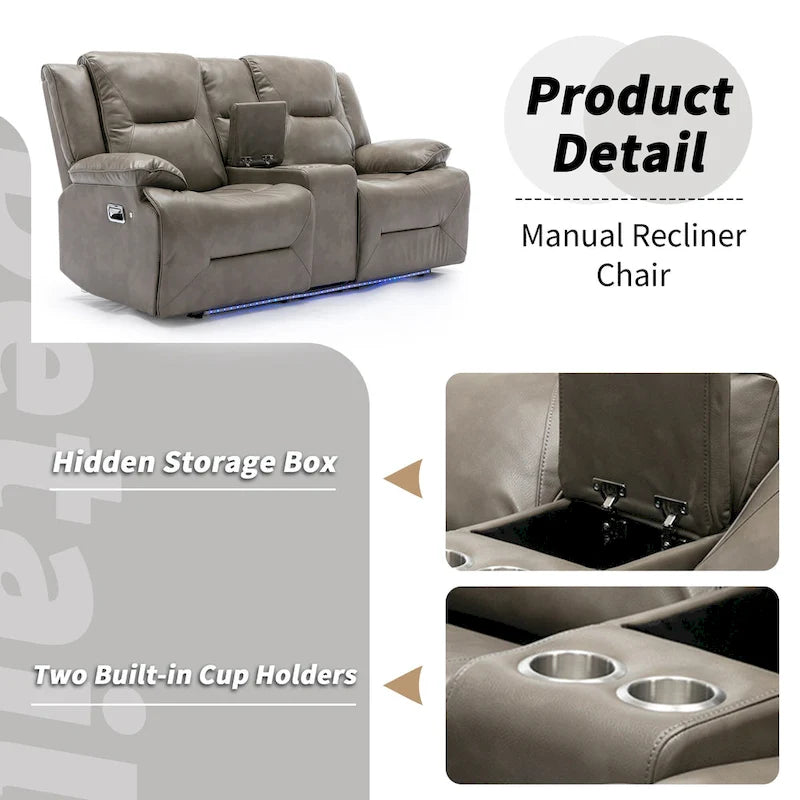 2 Seater Home Theater Recliner Manual Recliner Chair with a LED Light Strip Two Cup Holders and a Storage Box