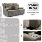 2 Seater Home Theater Recliner Manual Recliner Chair with a LED Light Strip Two Cup Holders and a Storage Box