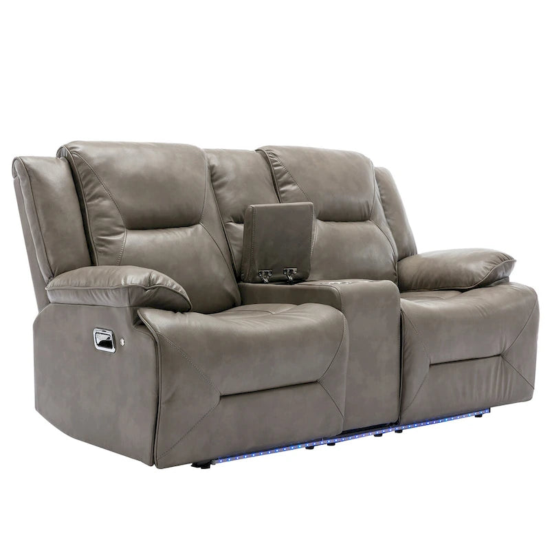 2 Seater Home Theater Recliner Manual Recliner Chair with a LED Light Strip Two Cup Holders and a Storage Box