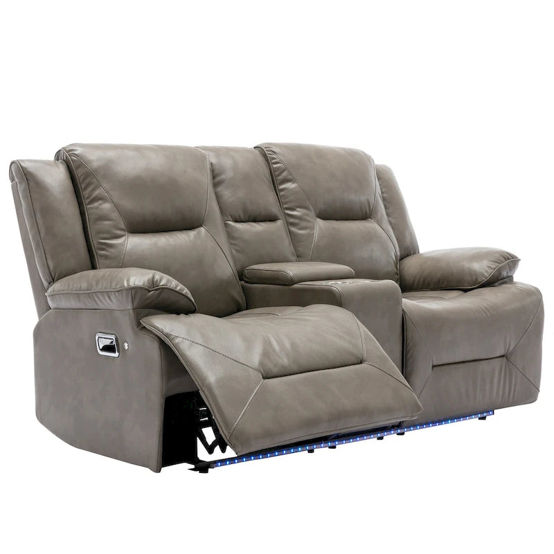 2 Seater Home Theater Recliner Manual Recliner Chair with a LED Light Strip Two Cup Holders and a Storage Box
