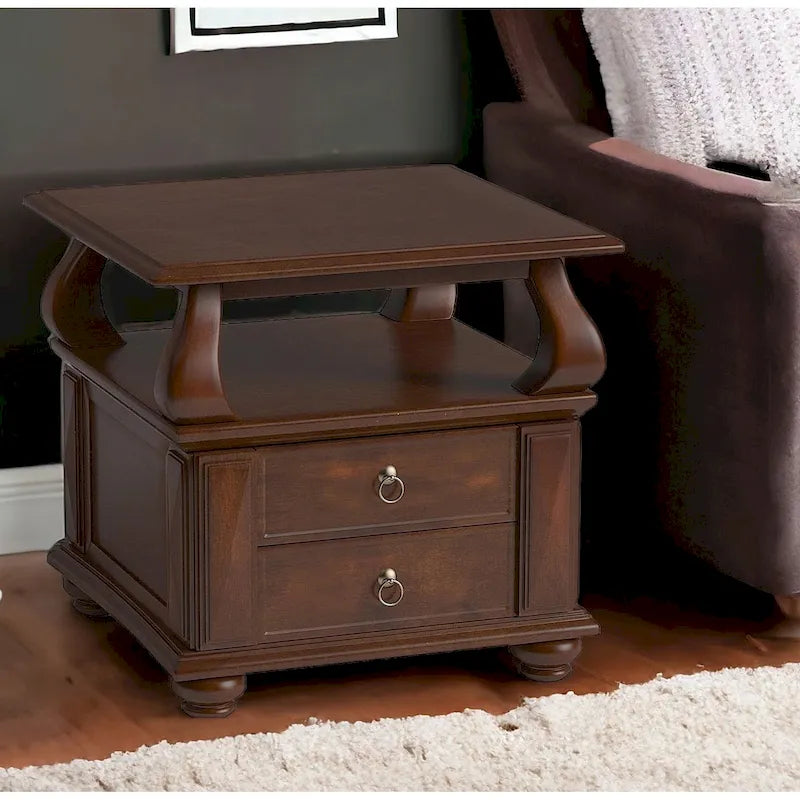 HomeRoots 26 Brown Solid Wood Square End Table With Two Drawers And Shelf - 26' X '26' X '28