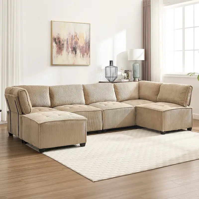 U-Shaped Corduroy Upholstered 6-Seat Convertible Modular Sectional Sofa Fit for Living Room