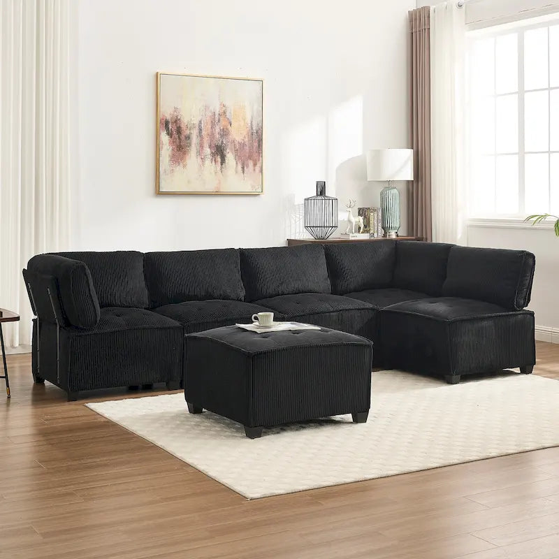 U-Shaped Corduroy Upholstered 6-Seat Convertible Modular Sectional Sofa Fit for Living Room