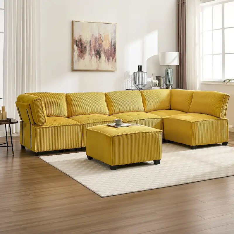 U-Shaped Corduroy Upholstered 6-Seat Convertible Modular Sectional Sofa Fit for Living Room