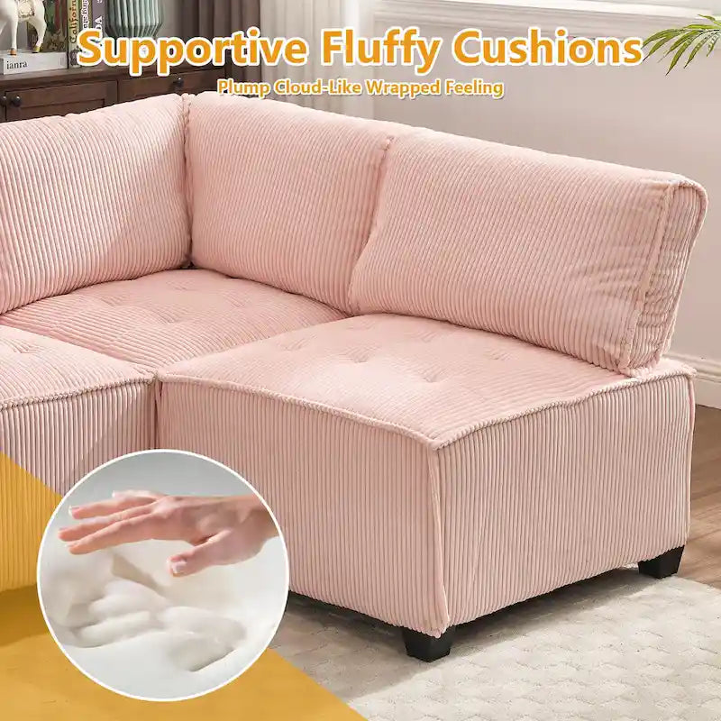 U-Shaped Corduroy Upholstered 6-Seat Convertible Modular Sectional Sofa Fit for Living Room