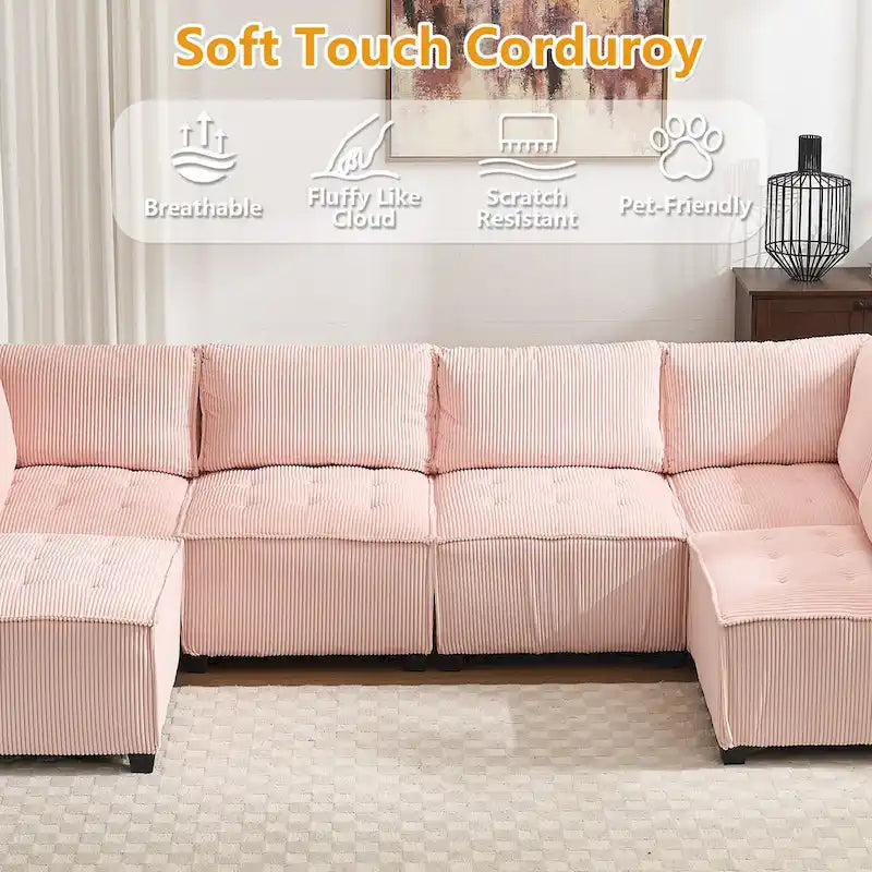 U-Shaped Corduroy Upholstered 6-Seat Convertible Modular Sectional Sofa Fit for Living Room
