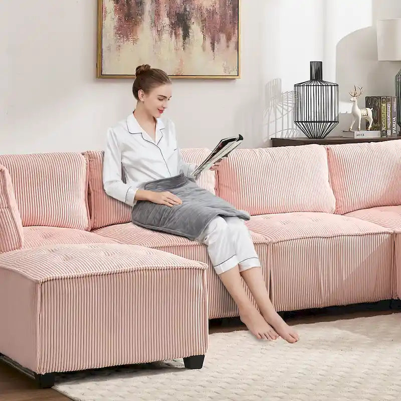 U-Shaped Corduroy Upholstered 6-Seat Convertible Modular Sectional Sofa Fit for Living Room