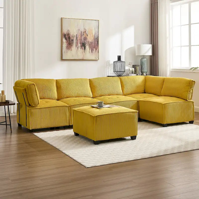 U-Shaped Corduroy Upholstered 6-Seat Convertible Modular Sectional Sofa Fit for Living Room
