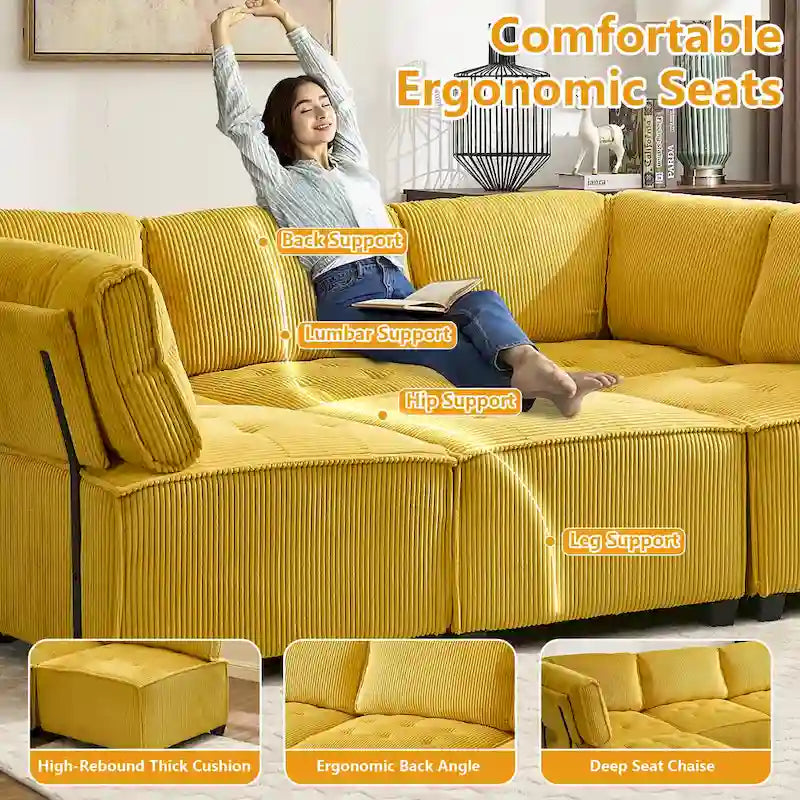 U-Shaped Corduroy Upholstered 6-Seat Convertible Modular Sectional Sofa Fit for Living Room