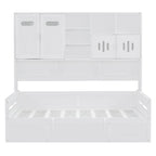 Twin Daybed with Hydraulic Lift, 3 Storage Spaces & Built-in Shelves and Cabinets