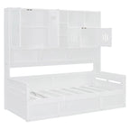 Twin Daybed with Hydraulic Lift, 3 Storage Spaces & Built-in Shelves and Cabinets