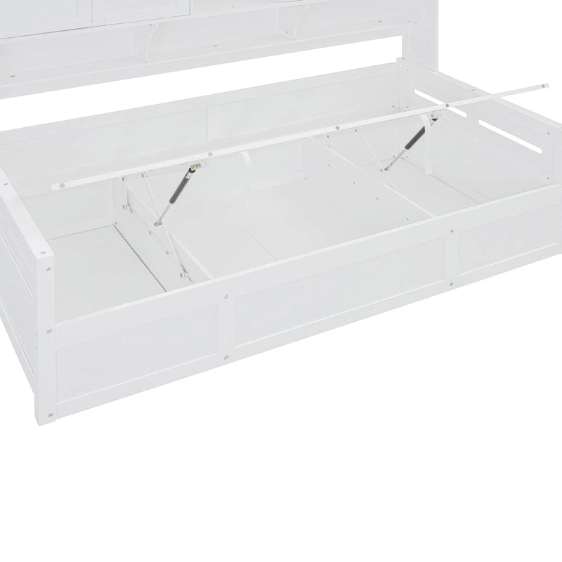 Twin Daybed with Hydraulic Lift, 3 Storage Spaces & Built-in Shelves and Cabinets