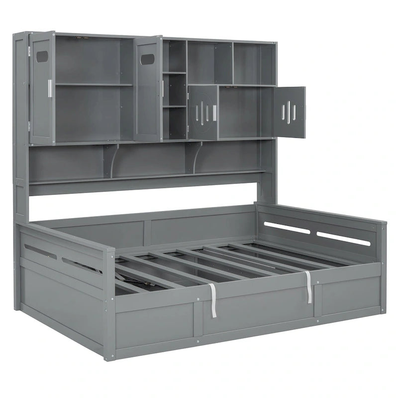 Twin Daybed with Hydraulic Lift, 3 Storage Spaces & Built-in Shelves and Cabinets