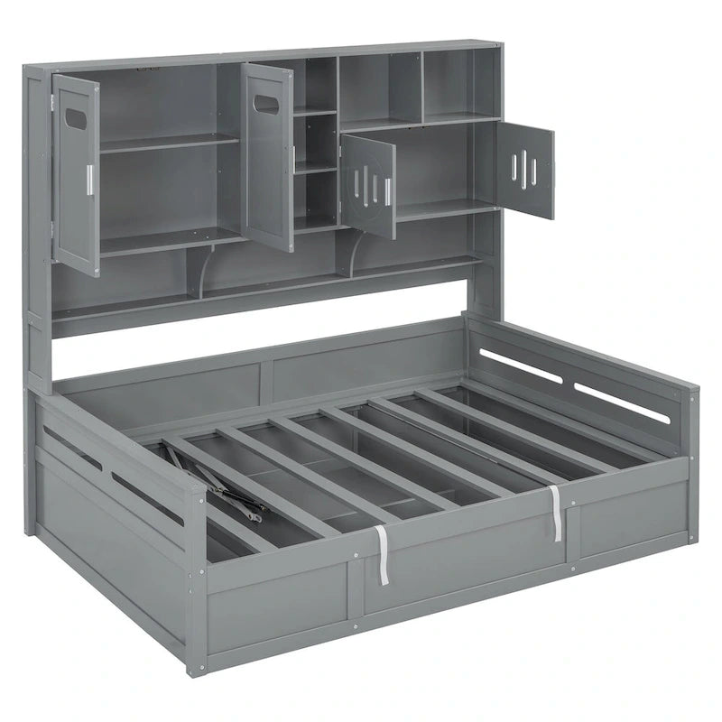 Twin Daybed with Hydraulic Lift, 3 Storage Spaces & Built-in Shelves and Cabinets