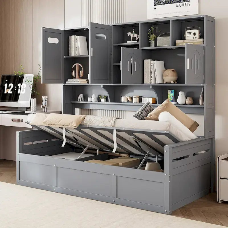 Twin Daybed with Hydraulic Lift, 3 Storage Spaces & Built-in Shelves and Cabinets