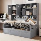 Twin Daybed with Hydraulic Lift, 3 Storage Spaces & Built-in Shelves and Cabinets