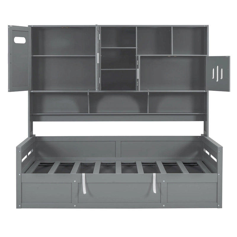 Twin Daybed with Hydraulic Lift, 3 Storage Spaces & Built-in Shelves and Cabinets