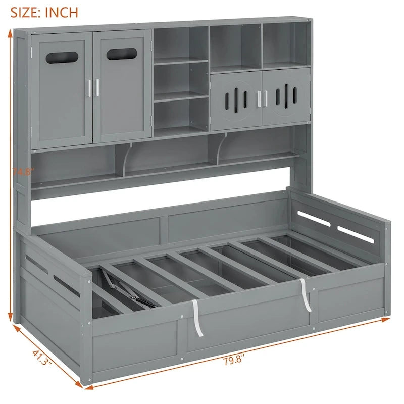 Twin Daybed with Hydraulic Lift, 3 Storage Spaces & Built-in Shelves and Cabinets