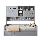 Twin Daybed with Hydraulic Lift, 3 Storage Spaces & Built-in Shelves and Cabinets