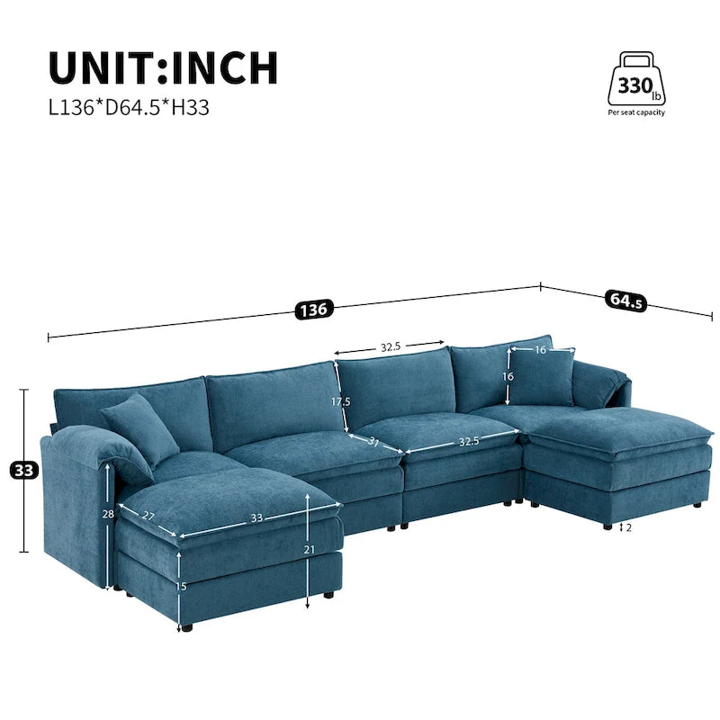 136 U-Shaped Chenille Cloud Sectional Sofa with Dual Ottomans
