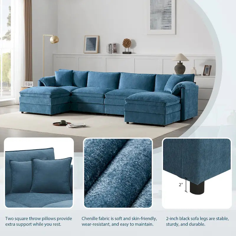 136 U-Shaped Chenille Cloud Sectional Sofa with Dual Ottomans
