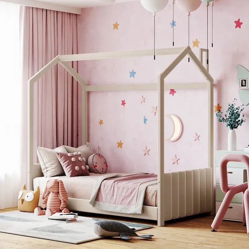 Twin Size Modern Canopy Bed with Striped Headboard & Roof Design