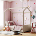 Twin Size Modern Canopy Bed with Striped Headboard & Roof Design