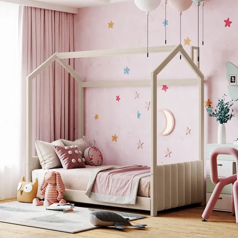 Twin Size Modern Canopy Bed with Striped Headboard & Roof Design