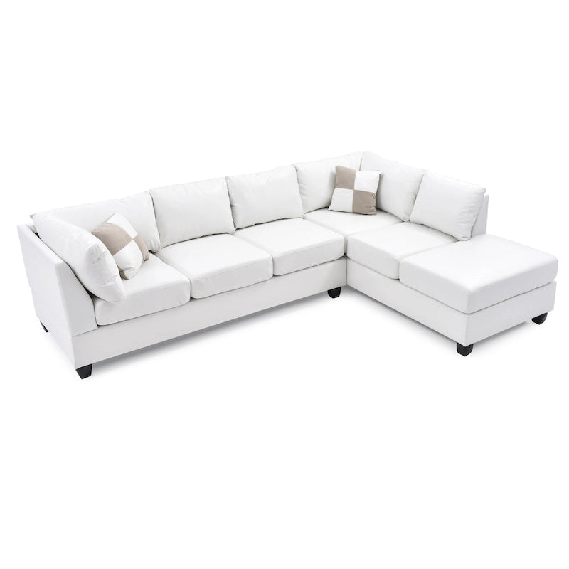 Reversible Faux Leather 4-Seater Sectional Sofa with Throw Pillows - 111 - White