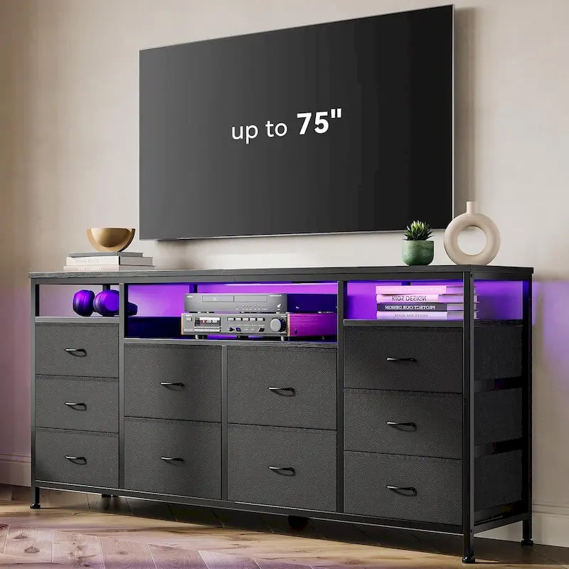 63.3 Inch Black Dresser for Bedroom, 10 Drawer Dresser TV Stand
