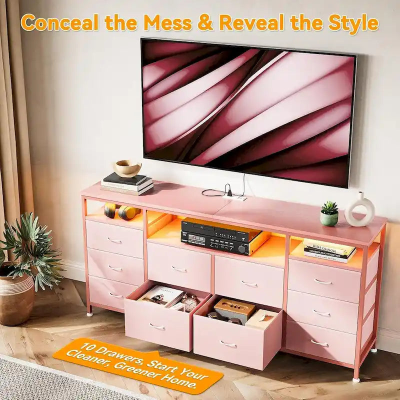 63.3 Inch Black Dresser for Bedroom, 10 Drawer Dresser TV Stand