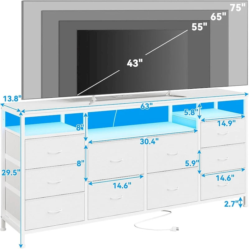 63.3 Inch Black Dresser for Bedroom, 10 Drawer Dresser TV Stand