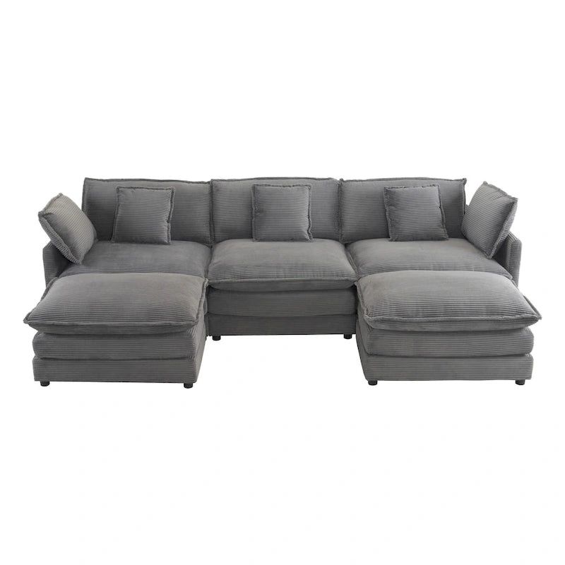 Modular Sofa Couch, Upholstered Corduroy L-Shape Sectional Sofa with Side Storage Pockets and Movable Ottoman