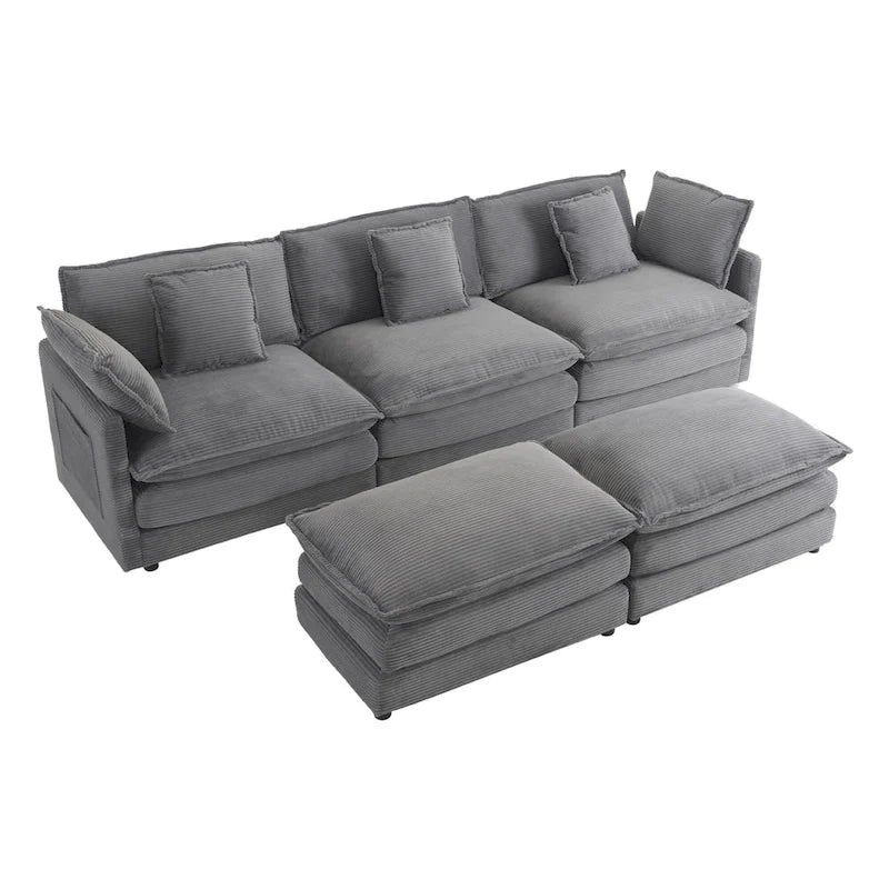 Modular Sofa Couch, Upholstered Corduroy L-Shape Sectional Sofa with Side Storage Pockets and Movable Ottoman