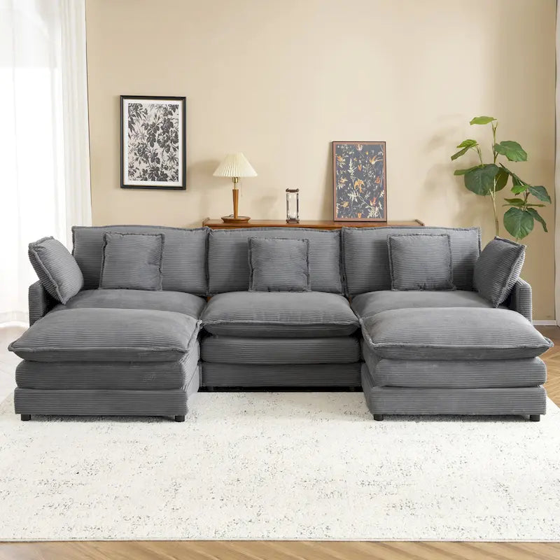 Modular Sofa Couch, Upholstered Corduroy L-Shape Sectional Sofa with Side Storage Pockets and Movable Ottoman