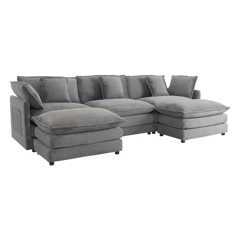 Modular Sofa Couch, Upholstered Corduroy L-Shape Sectional Sofa with Side Storage Pockets and Movable Ottoman